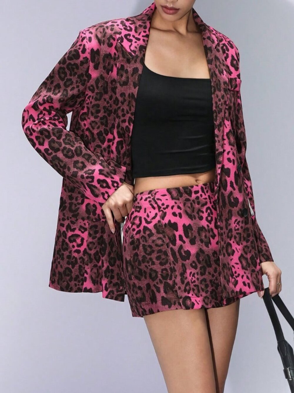 Rose Red Casual Women's Corduroy Leopard Print Padded Blazer & Skirt Set